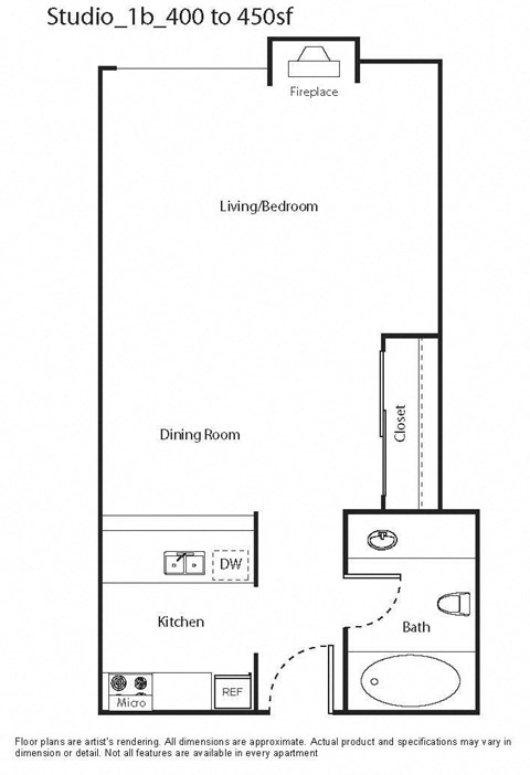 Floor plan for studio, 1 bath, 400 sqft